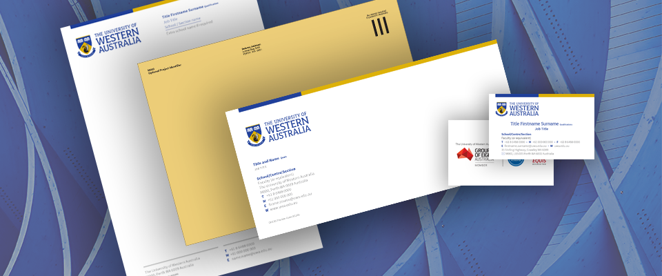 Examples of UWA corporate stationery produced by UniPrint